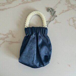 ZARA Pearl Embellished Handle Blue Cocktail Bag with Strap